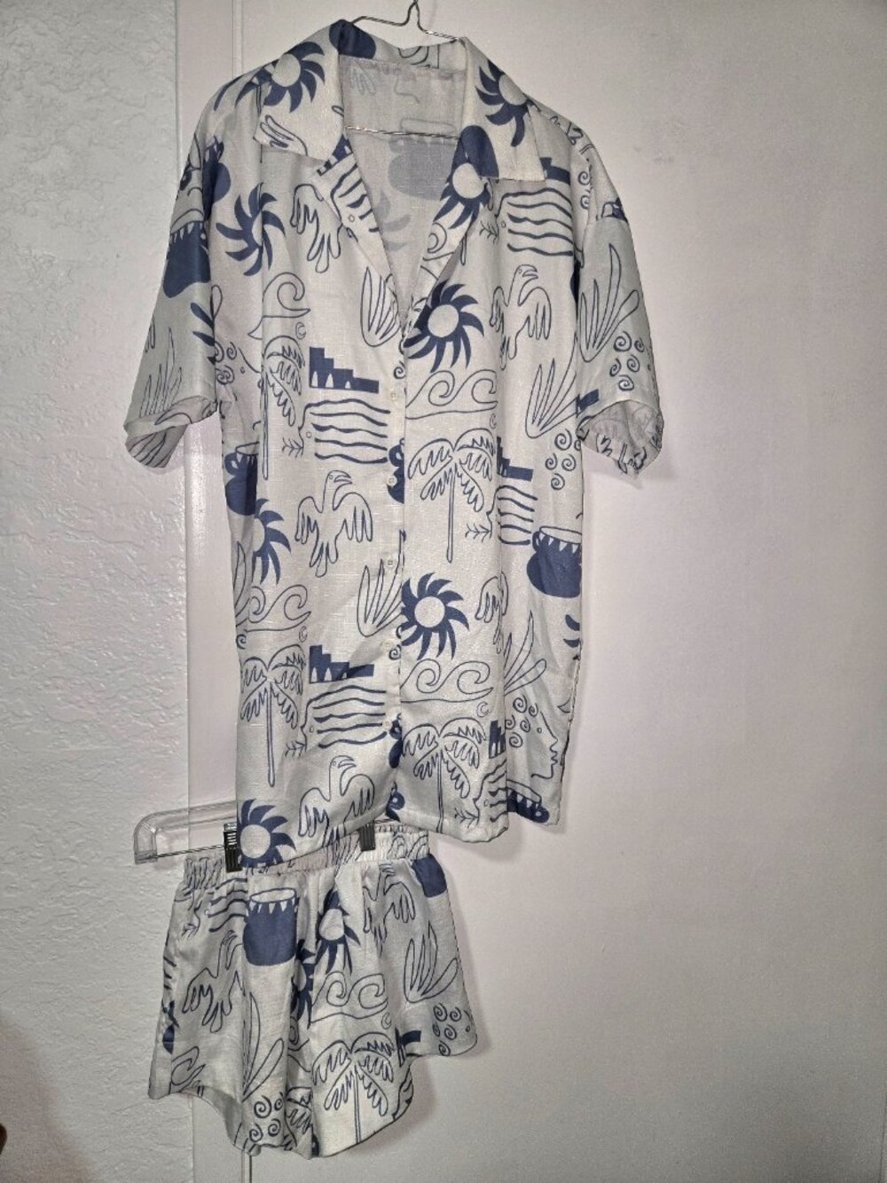 Blue White Mediterranean Print Matching Shirt Shorts Set Size Small Resort Coast - Picture 7 of 7